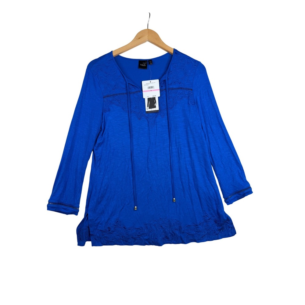 New Rafaella 3/4 Sleeve Embroidered Knit Long Sleeve Top size Small Blue